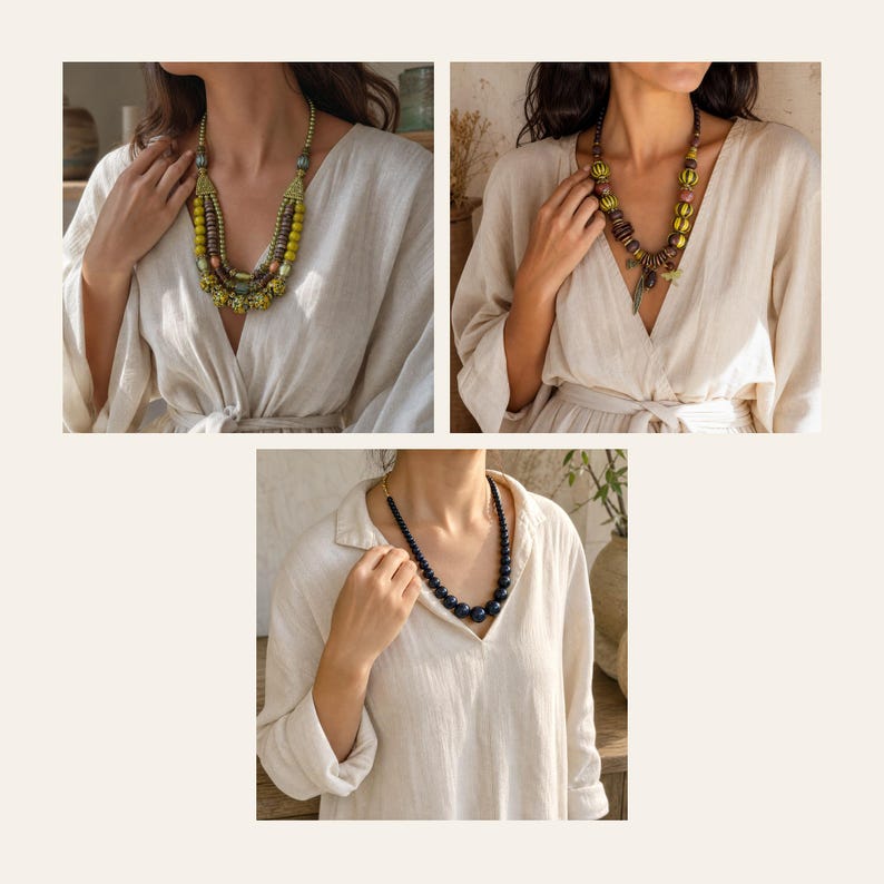 May include: A collection of three necklaces featuring different bead designs. One necklace has multi-layered green and brown beads, another features striped green and brown spherical beads, and the third is a simple strand of dark blue beads.