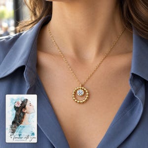 Moissanite Circle Necklace, human lifestyle view. A personalized digital greeting card is shown alongside.
