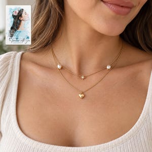 Layered Heart Necklace, worn by an adult. A sample personalized digital greeting card is shown alongside.