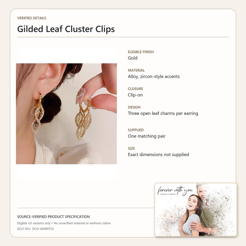 May include: Gilded Leaf Cluster Clips featuring a gold-tone finish, alloy construction, and zircon-style accents. Each earring includes three open leaf charms with a clip-on closure. The product is supplied as one matching pair of earrings.