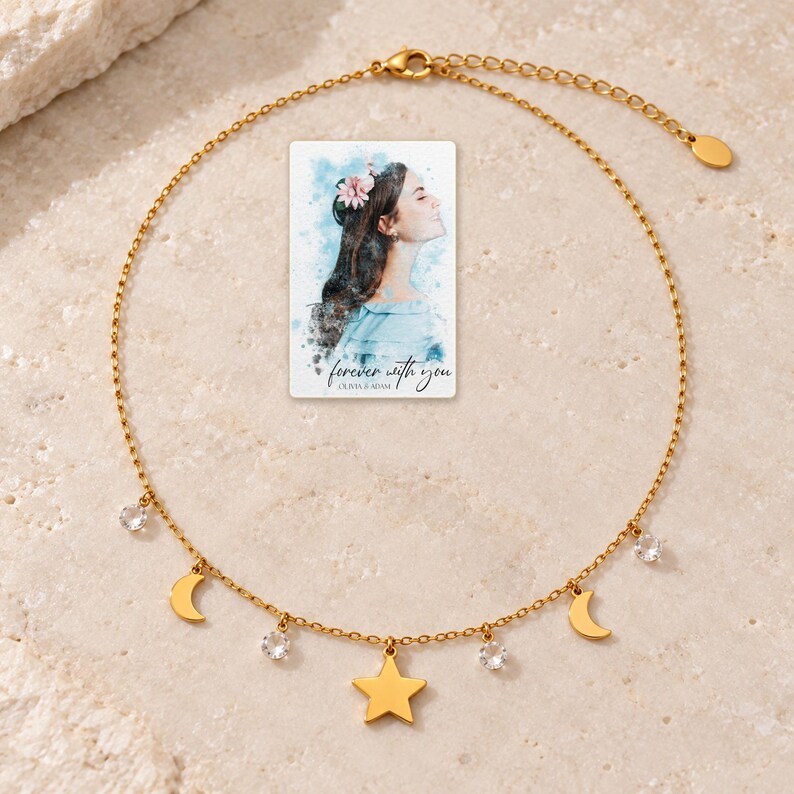Moon and Star Necklace, shown on a display surface. A sample personalized digital greeting card is shown alongside.