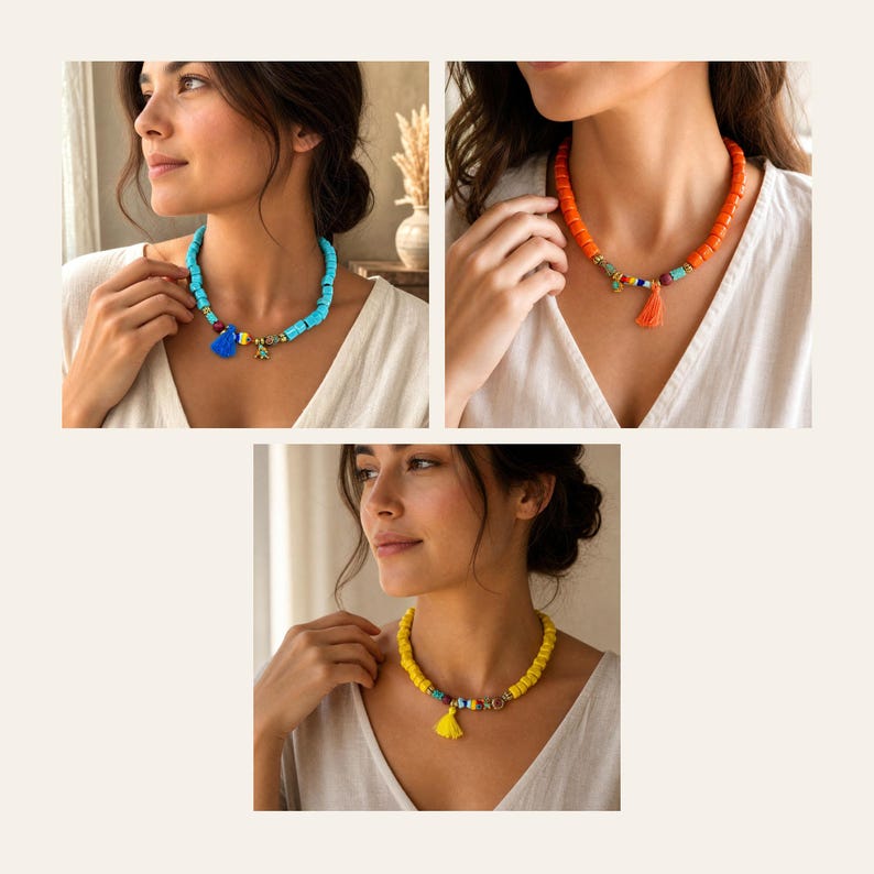 Three piece handmade necklace set with blue silver orange red and yellow gold statement beaded necklaces displayed together as a colorful boho jewelry gift