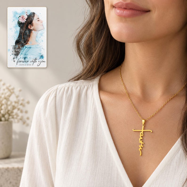 Faith Together Cross Necklace Set worn by an adult model for styling and everyday styling. A personalized digital greeting card is shown alongside.