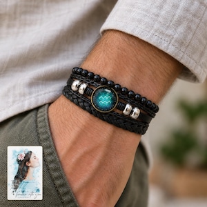 Zodiac Sign Bracelet, worn with daytime clothing. A sample personalized digital greeting card is shown alongside.