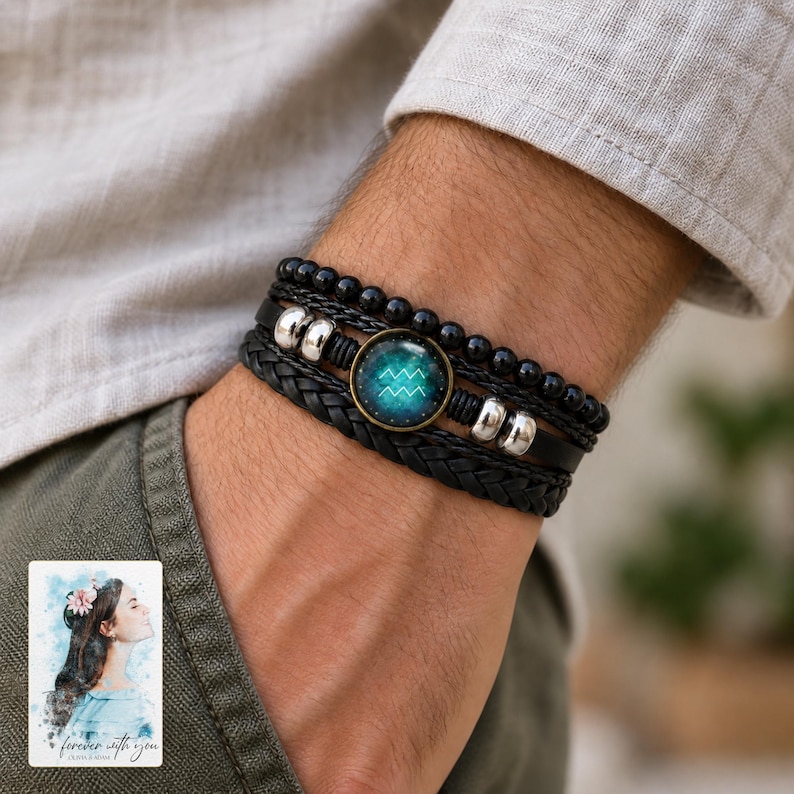 Zodiac Sign Bracelet, worn with daytime clothing. A sample personalized digital greeting card is shown alongside.