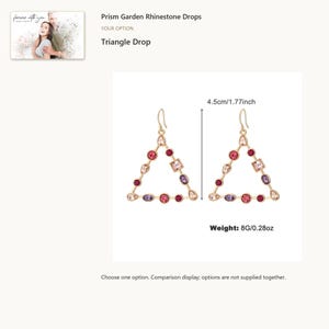 Triangle Drop. Colorful Rhinestone Drop Earrings. A personalized digital greeting card is shown. Select the pictured option when ordering.