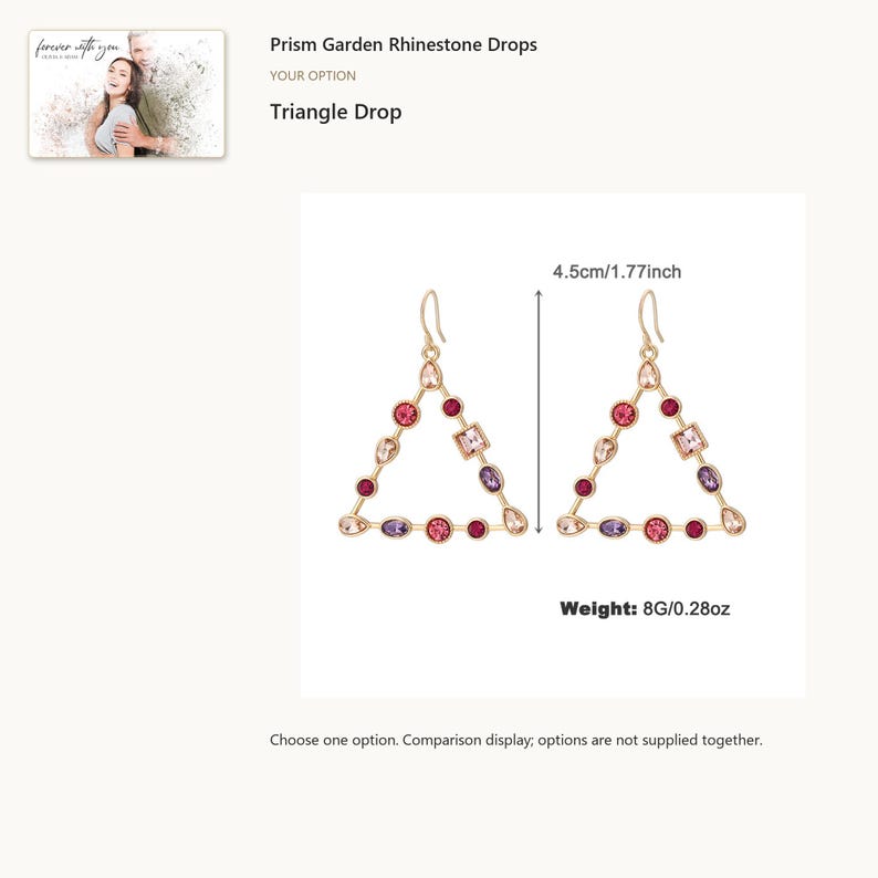 Triangle Drop. Colorful Rhinestone Drop Earrings. A personalized digital greeting card is shown. Select the pictured option when ordering.