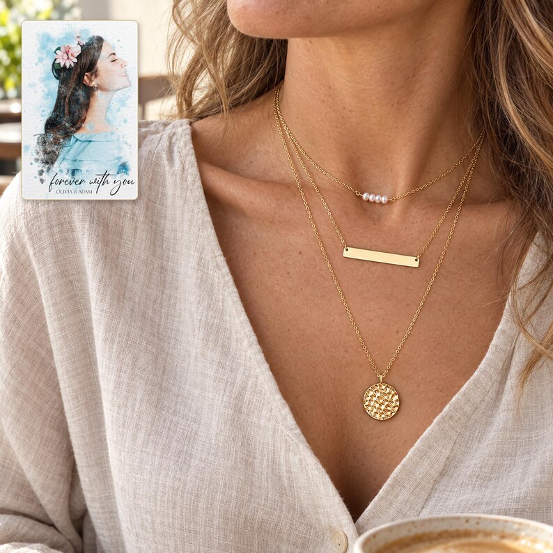 Adult woman wearing the pearl-style beads, bar and hammered coin trio with a linen blouse at a cafe. A personalized digital greeting card is shown alongside.