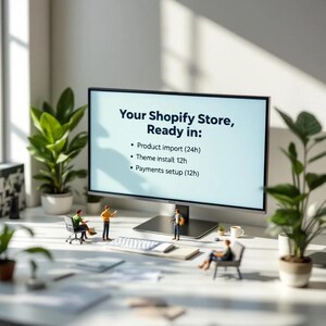 May include: A computer monitor displays the text "Your Shopify Store, Ready in:" with bullet points listing product import, theme install, and payments setup times. Miniature figures and plants are arranged on a white desk, suggesting a business or e-commerce theme.