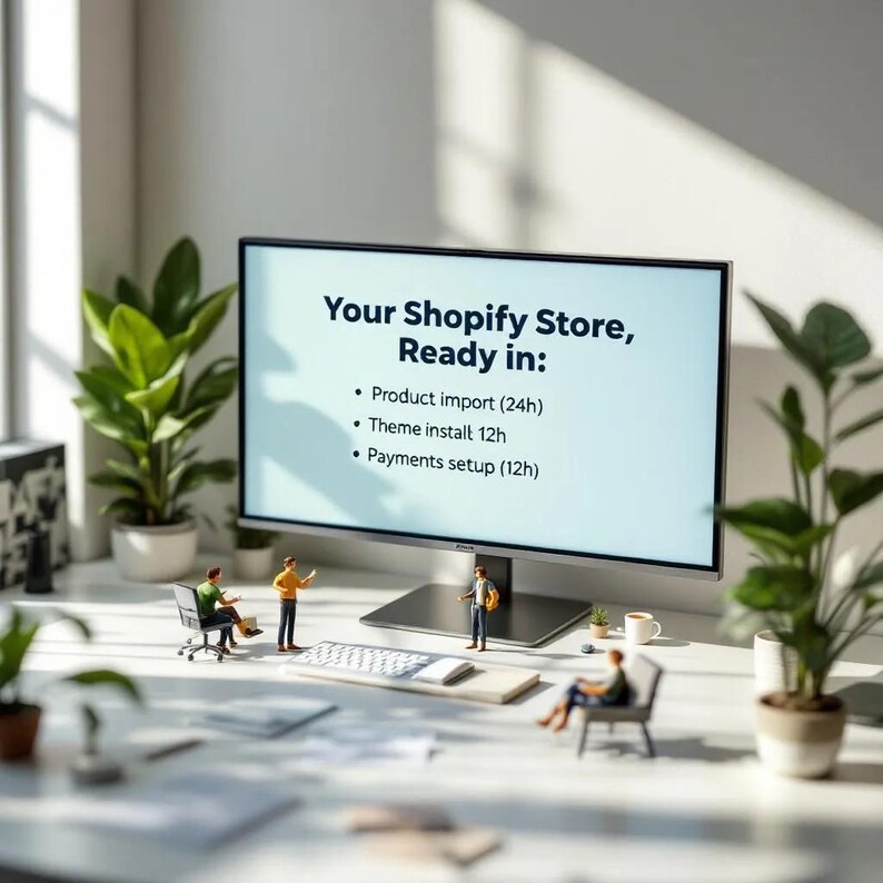 May include: A computer monitor displays the text "Your Shopify Store, Ready in:" with bullet points listing product import, theme install, and payments setup times. Miniature figures and plants are arranged on a white desk, suggesting a business or e-commerce theme.