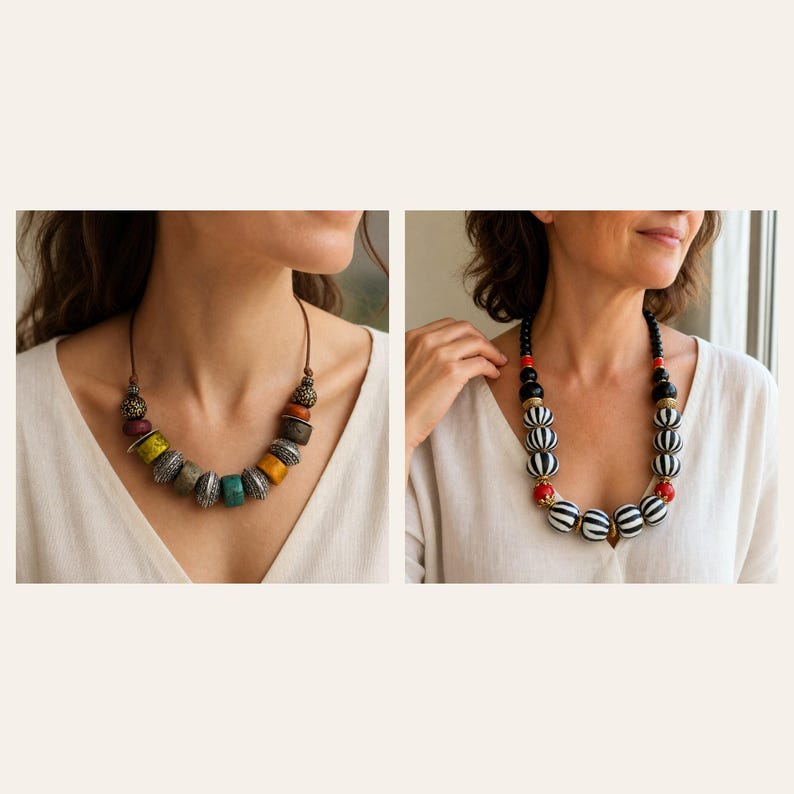 May include: Two necklaces shown side-by-side. The left necklace features multi-colored, textured beads in shades of green, yellow, and brown on a cord. The right necklace features black and white striped round beads with red accents on a cord.