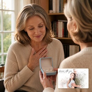 pearl-look beads Poise Earring Collection shown during a warm gift-receiving moment between adults with the exact jewelry visible.