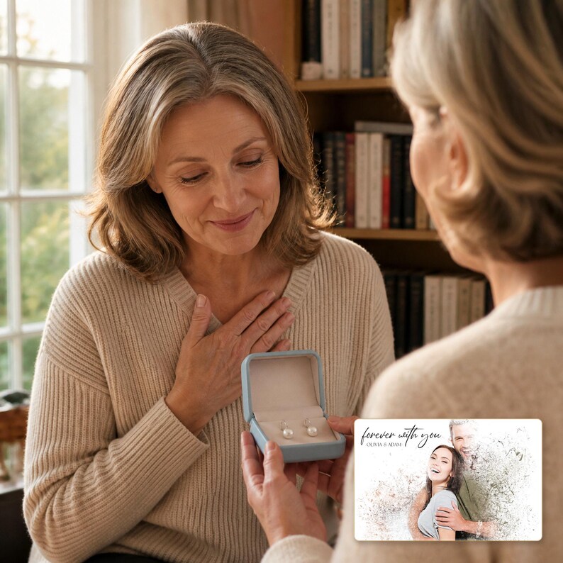 pearl-look beads Poise Earring Collection shown during a warm gift-receiving moment between adults with the exact jewelry visible.