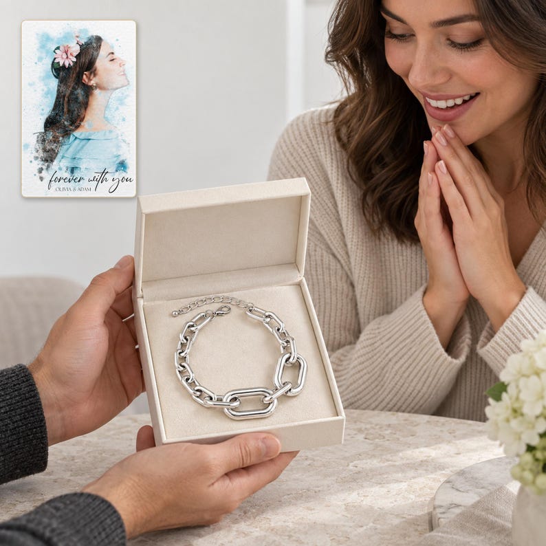 silver tone Arc Statement Choker shown during a believable gift-giving moment between adults with the jewelry visible. A personalized digital greeting card is shown alongside.