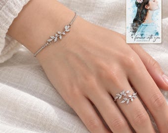 Silver Tone Leaf Bracelet and Ring Set, Clear Marquise stone style Vine Jewelry, Adjustable Bolo Bracelet, Personalise Two Piece Gift Set