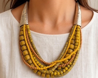 Mustard Yellow Multi Strand Necklace, Layered Beads and Silver Tone Cones