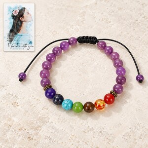 Violet Spectrum Cord Bracelet shown as the main Etsy hero photograph with a clear view of the complete design. A personalized digital greeting card is shown alongside.