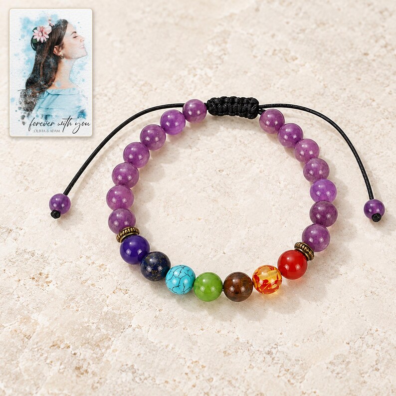 Violet Spectrum Cord Bracelet shown as the main Etsy hero photograph with a clear view of the complete design. A personalized digital greeting card is shown alongside.