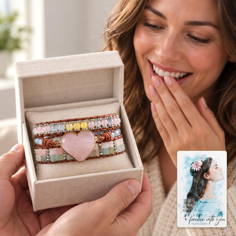 Pastel Heart Wrap Bracelet shown during a warm gift-receiving moment between adults with the jewelry visible. A personalized digital greeting card is shown alongside.