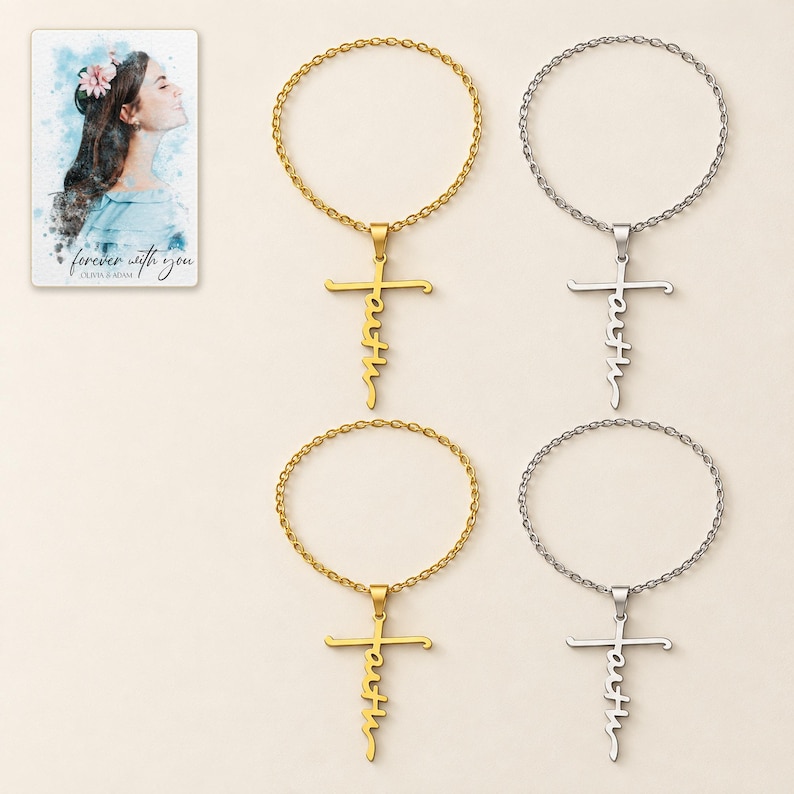 Faith Together Cross Necklace Set shown on a clean white catalog background for an unobstructed product view. A personalized digital greeting card is shown alongside.