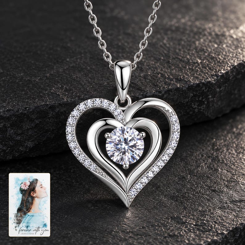 Double Heart Moissanite Necklace, shown against a dark background. A sample personalized digital greeting card is shown alongside.