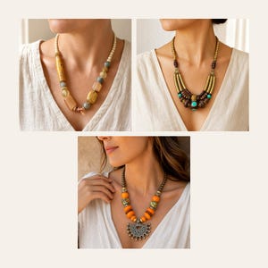 May include: A collection of three necklaces featuring diverse bead designs. One necklace has cream, yellow, and grey beads. Another features gold-toned metallic tubes with dark brown and turquoise accents. The third displays bright orange beads with a silver-toned pendant.