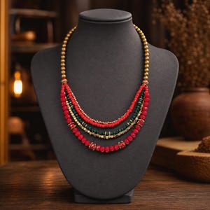 May include: A multi-strand beaded necklace featuring alternating layers of vibrant red and deep green faceted beads, accented with small metallic gold-toned spacer beads and a single strand of smooth gold-toned spherical beads at the top.