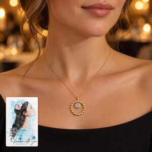 Moissanite Circle Necklace, human lifestyle view. A personalized digital greeting card is shown alongside.