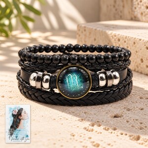 Zodiac Sign Bracelet, shown in natural light. A sample personalized digital greeting card is shown alongside.