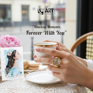Puede incluir: Una taza de té blanca con borde dorado es sostenida por una persona que lleva un anillo dorado con una esfera de reloj. Una pequeña tarjeta con un retrato en acuarela y el texto "forever with you" está sobre la mesa. La imagen incluye el texto "Timeless Moments, Forever With You".