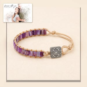 Purple rectangular-bead cord bracelet with a square decorative detail, framed product view. A personalized greeting-card example appears in the corner.