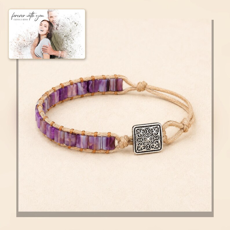 Purple rectangular-bead cord bracelet with a square decorative detail, framed product view. A personalized greeting-card example appears in the corner.