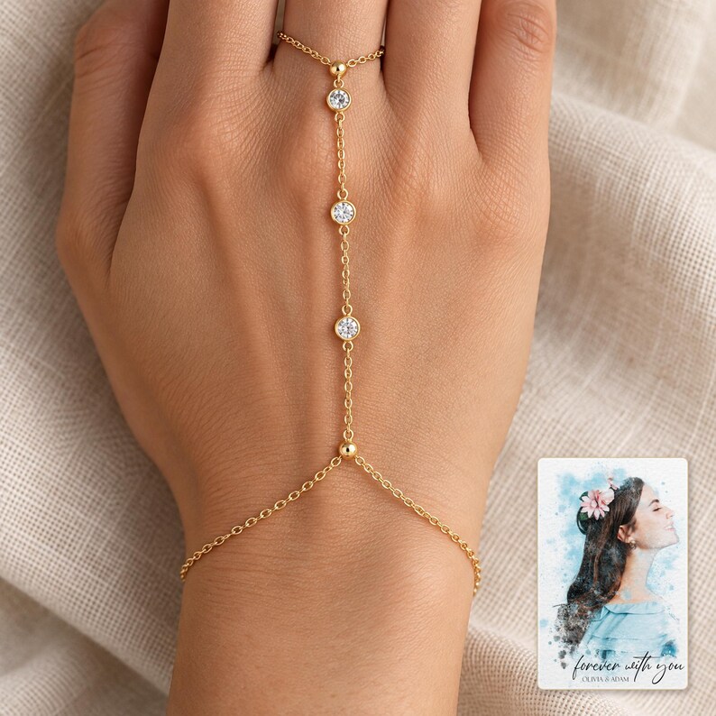 Golden Three stone style Hand Chain shown as the main Etsy hero photograph with a clear view of the complete design. A personalized digital greeting card is shown alongside.