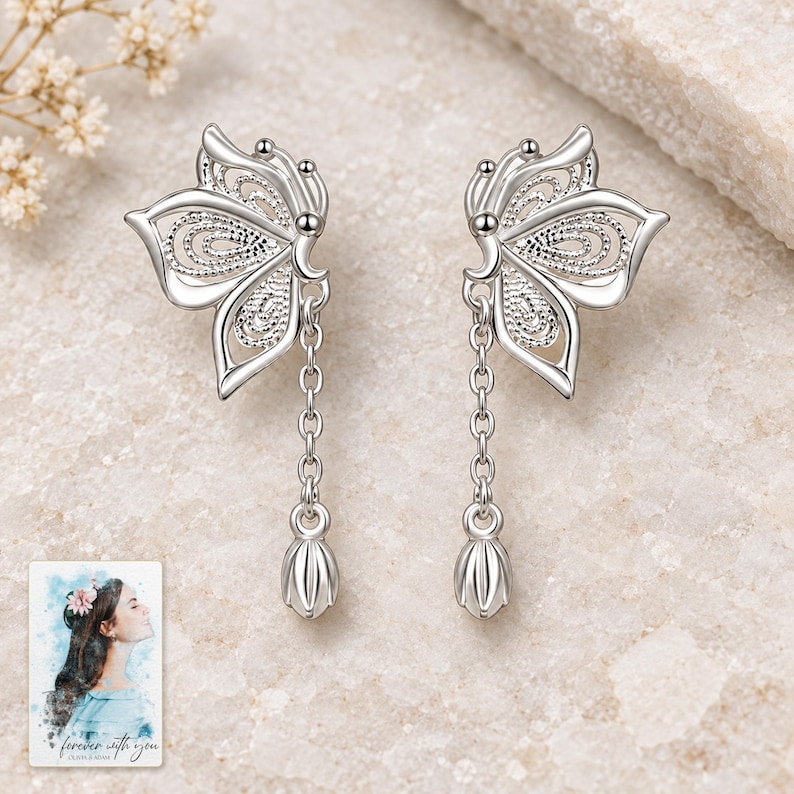 Butterfly Drop Earrings, shown on a display surface. A sample personalized digital greeting card is shown alongside.
