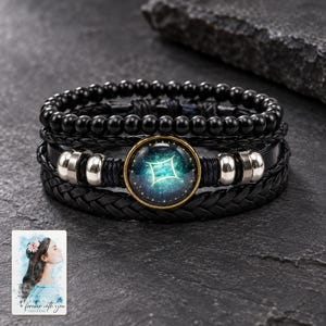 Zodiac Sign Bracelet, shown against a dark background. A sample personalized digital greeting card is shown alongside.