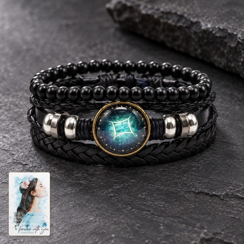 Zodiac Sign Bracelet, shown against a dark background. A sample personalized digital greeting card is shown alongside.