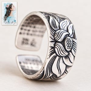 Lotus Flower Open Ring, shown against a light background. A sample personalized digital greeting card is shown alongside.