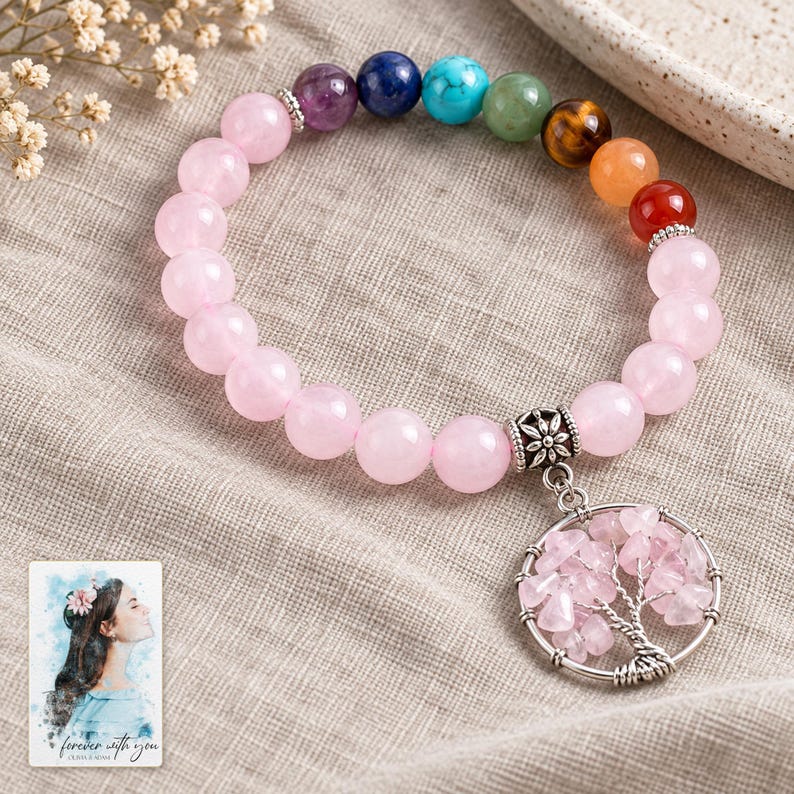 Pink Bead Tree Charm Bracelet, laid on fabric. A sample personalized digital greeting card is shown alongside.