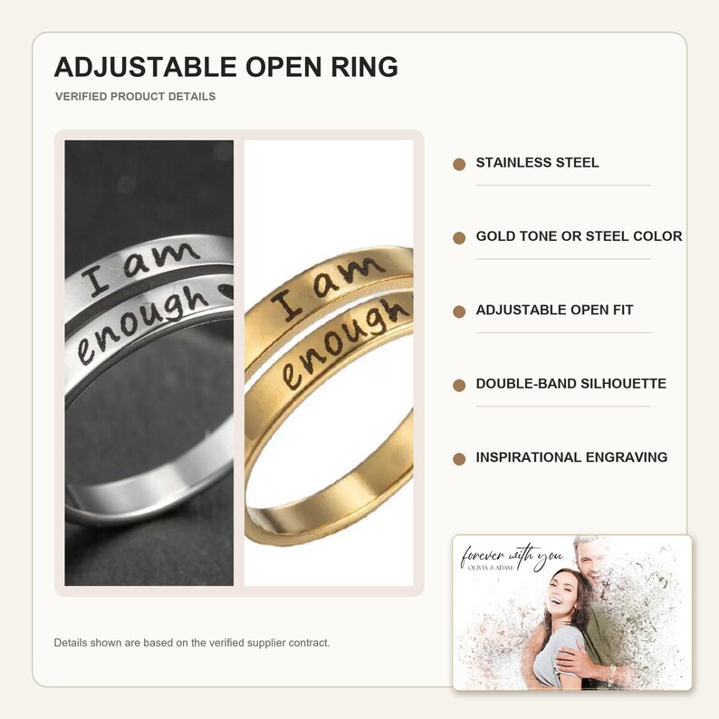 K&ouml;nnte beinhalten: Ein verstellbarer offener Ring mit einer Doppelband-Silhouette, erh&auml;ltlich in Edelstahl oder Goldton. Der Ring zeigt den eingravierten Text "I am enough" auf der Oberfl&auml;che. Die Produktdetails f&uuml;hren Edelstahl, verstellbare Passform und Gravur auf.
