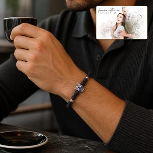 Midnight Crown Bead Bracelet worn by an adult in a polished evening lifestyle scene.