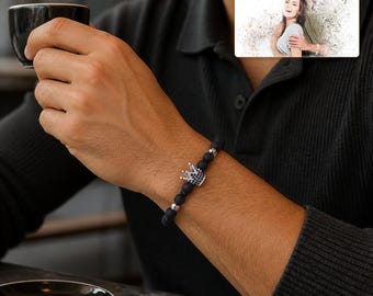 Matte Black Bead Bracelet, Silver Tone Crown Accent, 6mm Beads