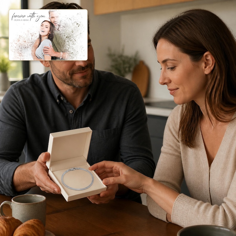 Silken Line 925 Snake Bracelet shown during a believable gift-giving moment between adults with the exact jewelry visible.
