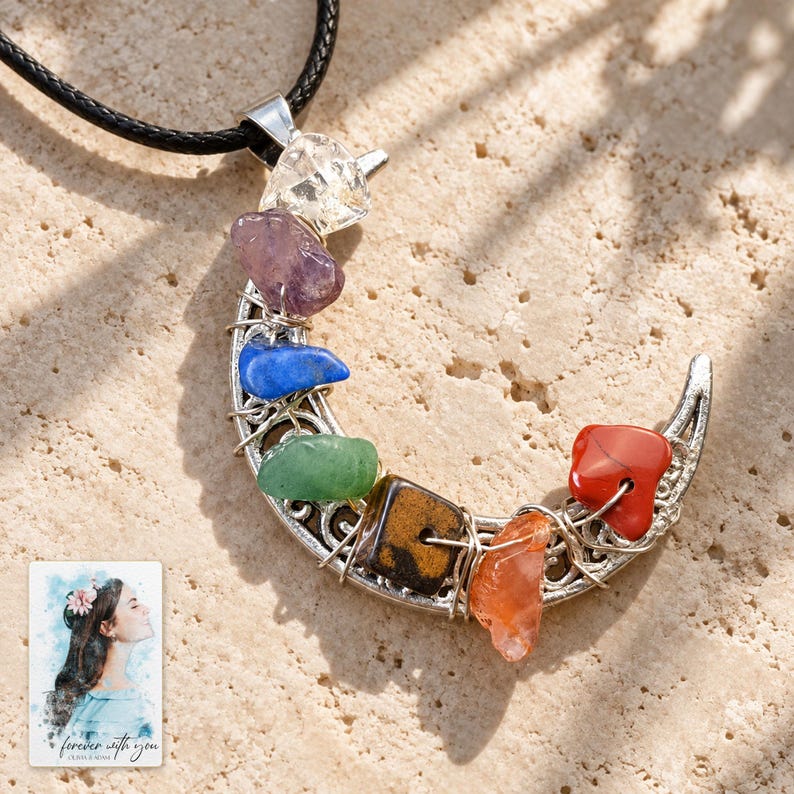 Rainbow Chip Moon Necklace, shown in natural light. A sample personalized digital greeting card is shown alongside.