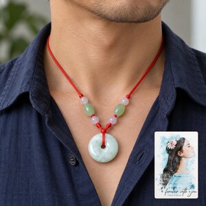 Peace Circle Green Cord Necklace worn by an adult in a polished evening lifestyle scene. A personalized digital greeting card is shown alongside.