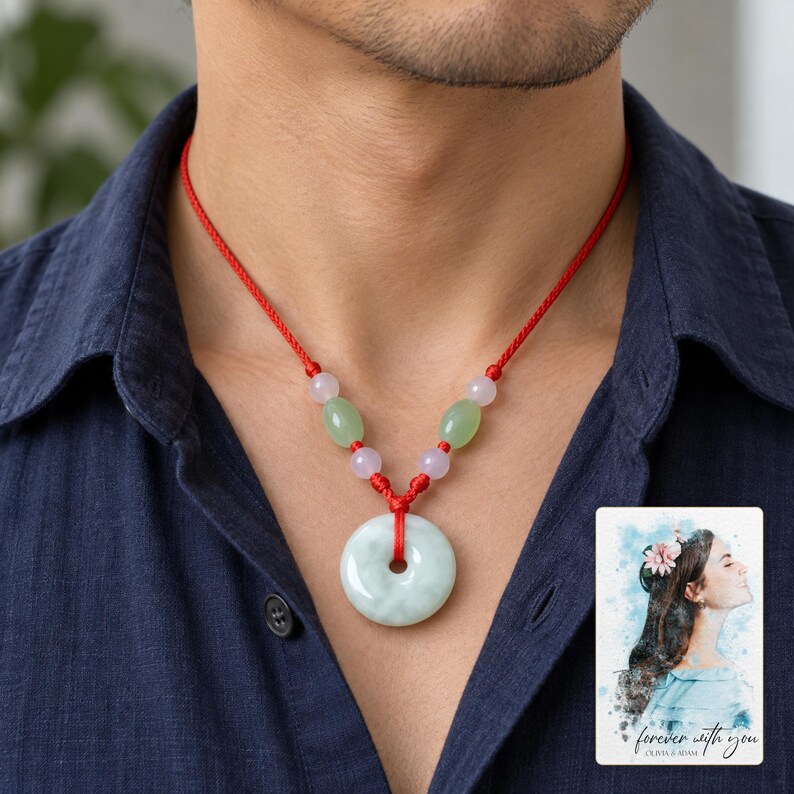 Peace Circle Green Cord Necklace worn by an adult in a polished evening lifestyle scene. A personalized digital greeting card is shown alongside.