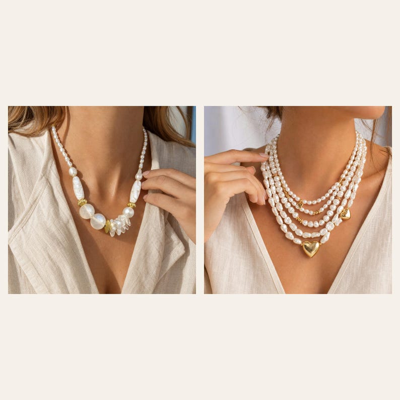 May include: Two necklaces featuring white pearls. The first necklace has varied pearl shapes and gold-toned spacers. The second necklace is a multi-strand design composed of small white pearls, gold-toned beads, and a central gold-toned heart charm.