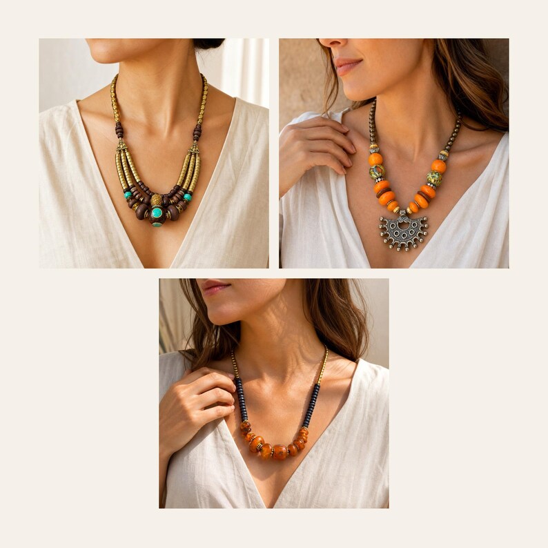 Peut inclure: Un ensemble de trois colliers orn&eacute;s de perles vari&eacute;es. Un collier pr&eacute;sente des perles marron et dor&eacute;es avec des touches turquoise. Un autre comporte des perles orange et un pendentif argent&eacute;. Le troisi&egrave;me est compos&eacute; de perles noires et ambr&eacute;es.