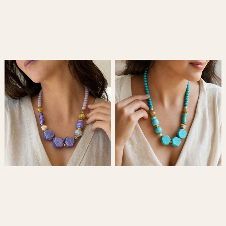 May include: Two necklaces featuring chunky beads in shades of purple and turquoise. Each necklace includes smooth round beads, faceted geometric shapes, and gold-toned metal spacers. The purple necklace has light lavender accents, while the turquoise necklace features vibrant blue-green tones.