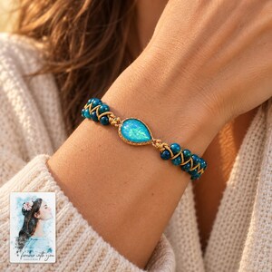 Blue Teardrop Cord Bracelet, worn with evening clothing. A sample personalized digital greeting card is shown alongside.