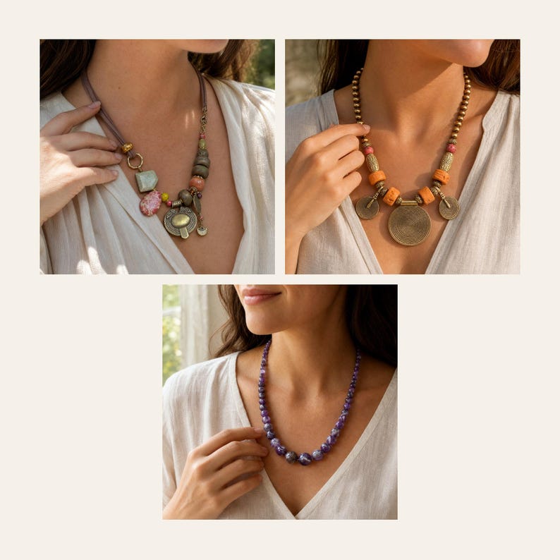 May include: Three necklaces displayed. The first features a cord with a light green stone, pink pendant, and brass charms. The second has orange beads and circular brass pendants. The third is a strand of purple and white marbled beads.